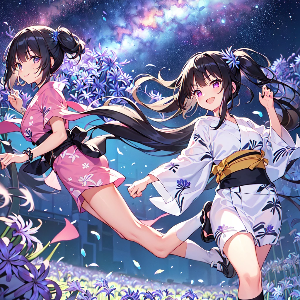 masterpiece, best quality, high quality, extremely detailed, very delicate and beautiful, (1 female 18 years old solo:1.5), (long black hair up to waist with two side up:1.5), bangs to eyebrows, eyes Eyes: 1.5), (long black hair up to waist with two side up), (bangs to eyebrows), (eyes: 1.3), (eye color magenta: 1.3), 6.5 head height, (yukata with agapanthus flower print: 1.3), knee socks, lace, frills, (smile), (running: 1.3), (smile), (dynamic pose), (agapanthus flower field in background: 1.3), ( Milky Way Night Sky: 1.3)