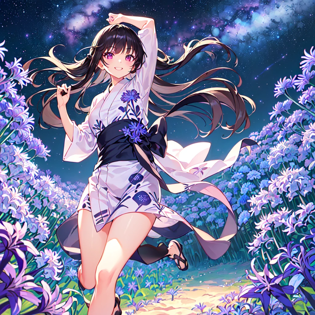 masterpiece, best quality, high quality, extremely detailed, very delicate and beautiful, (1 female 18 years old solo:1.5), (long black hair up to waist with two side up:1.5), bangs to eyebrows, eyes Eyes: 1.5), (long black hair up to waist with two side up), (bangs to eyebrows), (eyes: 1.3), (eye color magenta: 1.3), 6.5 head height, (yukata with agapanthus flower print: 1.3), knee socks, lace, frills, (smile), (running: 1.3), (smile), (dynamic pose), (agapanthus flower field in background: 1.3), ( Milky Way Night Sky: 1.3)