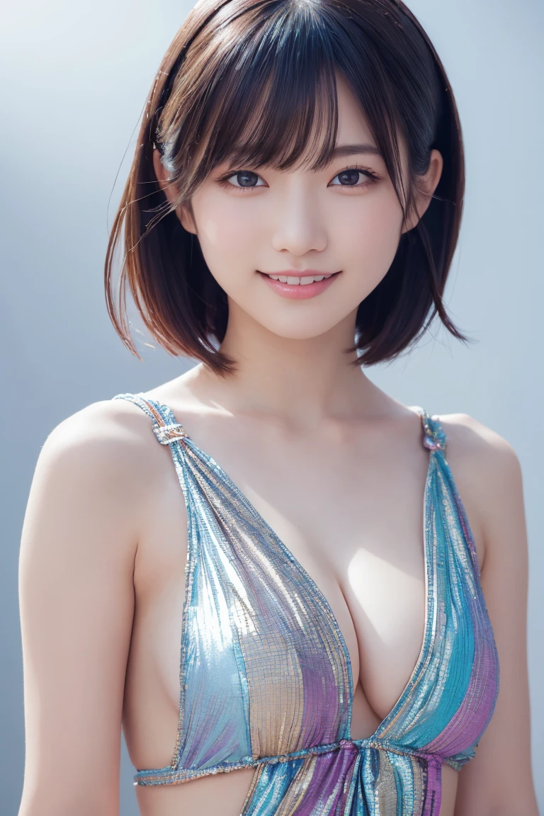 1 Girl, (Wearing colorful stage costumes:1.2), Very beautiful Japanese idol portraits, Face close-up, (RAW Photos, Highest quality), (Realistic, Realistic:1.4), (masterpiece), Very delicate and beautiful, Very detailed, 2k wallpaper, wonderful, finely, Very detailed CG Unity 8K wallpaper, Very detailed, High resolution, Soft Light, Beautiful detailed girl, Very detailed目と顔, Beautiful and sophisticated nose, Beautiful and beautiful eyes, Cinema Lighting, (Simple light color background:1.3), (short hair), (Bob), Complete Anatomy, Slender body, Small breasts, smile、In town