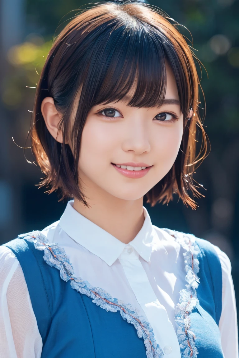 1 Girl, (Wearing colorful stage costumes:1.2), Very beautiful Japanese idol portraits, Face close-up, (RAW Photos, Highest quality), (Realistic, Realistic:1.4), (masterpiece), Very delicate and beautiful, Very detailed, 2k wallpaper, wonderful, finely, Very detailed CG Unity 8K wallpaper, Very detailed, High resolution, Soft Light, Beautiful detailed girl, Very detailed目と顔, Beautiful and sophisticated nose, Beautiful and beautiful eyes, Cinema Lighting, (Simple light color background:1.3), (short hair), (Bob), Complete Anatomy, Slender body, Small breasts, smile、In town