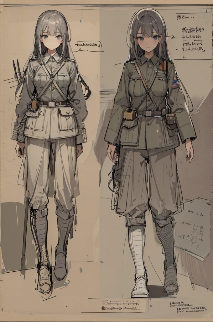multiple views, pencil sketch, (sketch:1.25), best quality, Line draft, highres, (ultra-detailed:1.1), (illustration:1.1), (infographic:1.2), (solo), perfectly drawn hands, standing, cohesive background, paper, action, (character design:1.1), ww2, world war 2