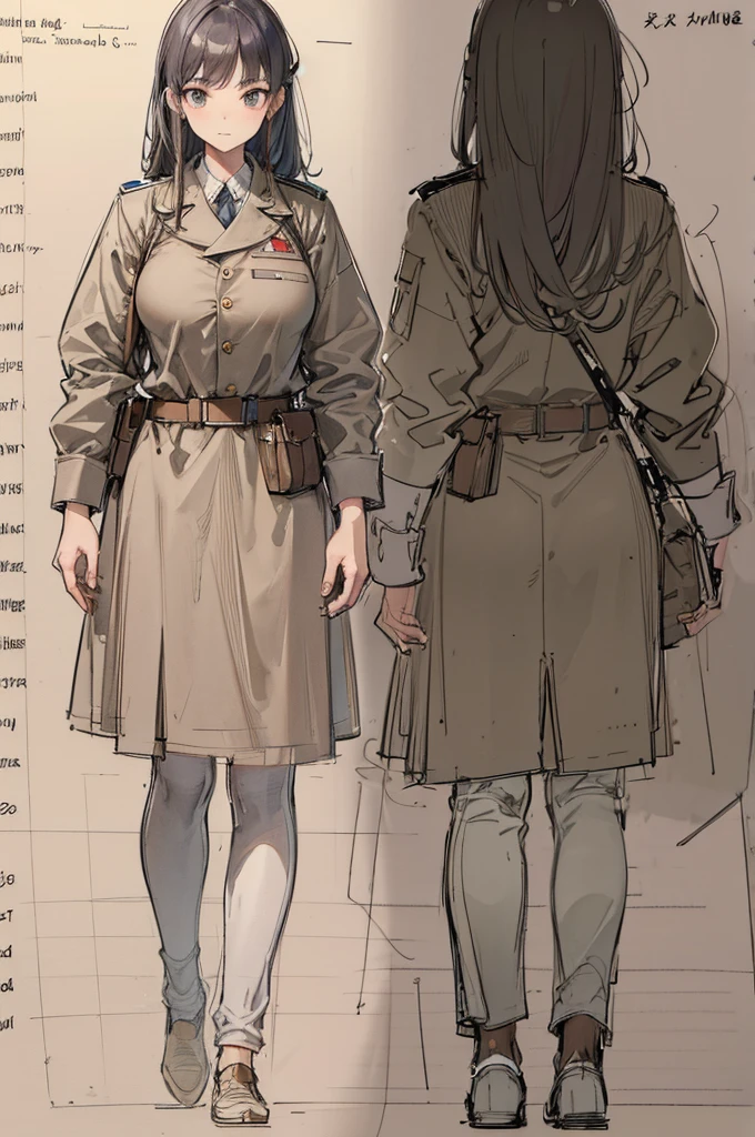 multiple views, pencil sketch, (sketch:1.25), best quality, Line draft, highres, (ultra-detailed:1.1), (illustration:1.1), (infographic:1.2), (solo), perfectly drawn hands, standing, cohesive background, paper, action, (character design:1.1), ww2, world war 2