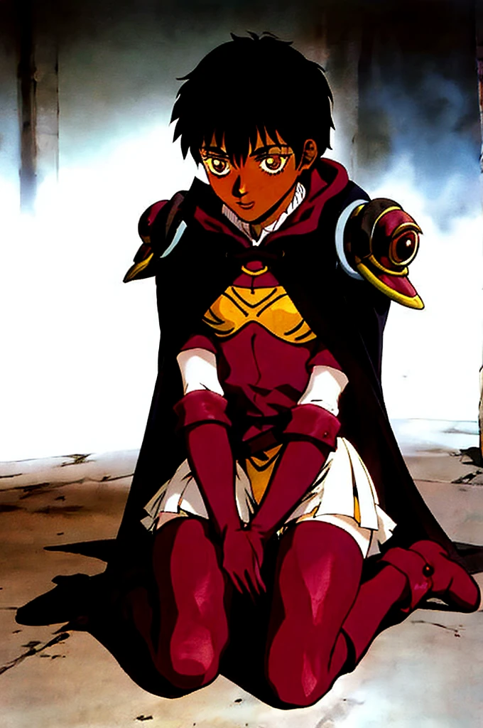 casca \(berserk\), 1girl, armor, black hair, boots, breastplate, brown eyes, cape, dark-skinned female, dark skin, gloves, red gloves, red legwear, short hair, shoulder armor, sitting, solo, thighhighs