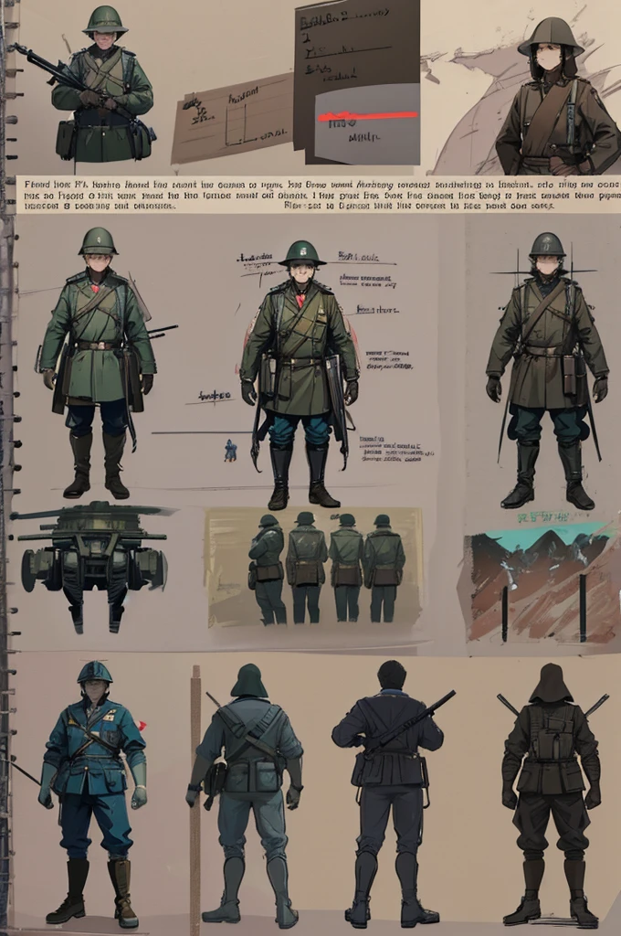 multiple views, pencil sketch, (sketch:1.25), best quality, Line draft, highres, (ultra-detailed:1.1), (illustration:1.1), (infographic:1.2), (solo), perfectly drawn hands, standing, cohesive background, paper, action, (character design:1.1), ww2, world war 2