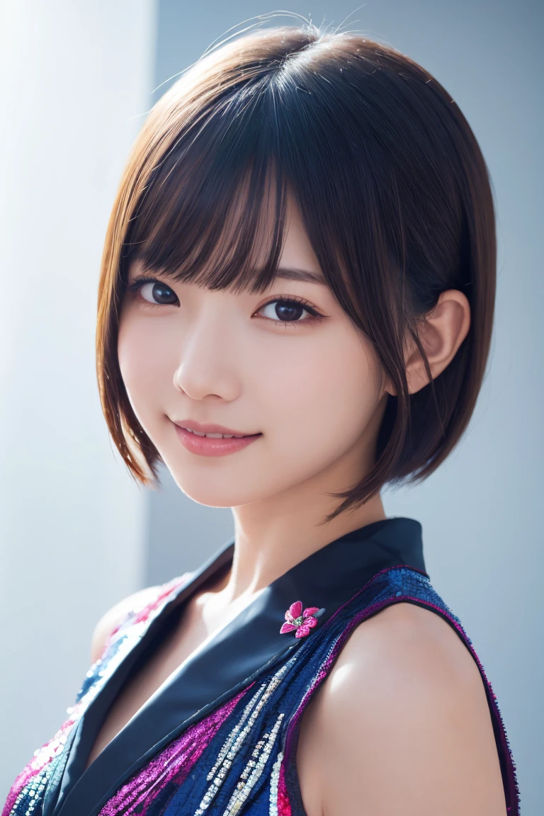 1 Girl, (Wearing colorful stage costumes:1.2), Very beautiful Japanese idol portraits, Face close-up, (RAW Photos, Highest quality), (Realistic, Realistic:1.4), (masterpiece), Very delicate and beautiful, Very detailed, 2k wallpaper, wonderful, finely, Very detailed CG Unity 8K wallpaper, Very detailed, High resolution, Soft Light, Beautiful detailed girl, Very detailed目と顔, Beautiful and sophisticated nose, Beautiful and beautiful eyes, Cinema Lighting, (Simple light color background:1.3), (short hair), (Bob), Complete Anatomy, Slender body, Small breasts, smile、In town