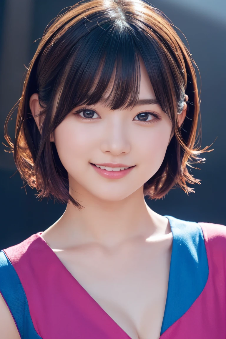 1 Girl, (Wearing colorful stage costumes:1.2), Very beautiful Japanese idol portraits, Face close-up, (RAW Photos, Highest quality), (Realistic, Realistic:1.4), (masterpiece), Very delicate and beautiful, Very detailed, 2k wallpaper, wonderful, finely, Very detailed CG Unity 8K wallpaper, Very detailed, High resolution, Soft Light, Beautiful detailed girl, Very detailed目と顔, Beautiful and sophisticated nose, Beautiful and beautiful eyes, Cinema Lighting, (Simple light color background:1.3), (short hair), (Bob), Complete Anatomy, Slender body, Small breasts, smile、In town
