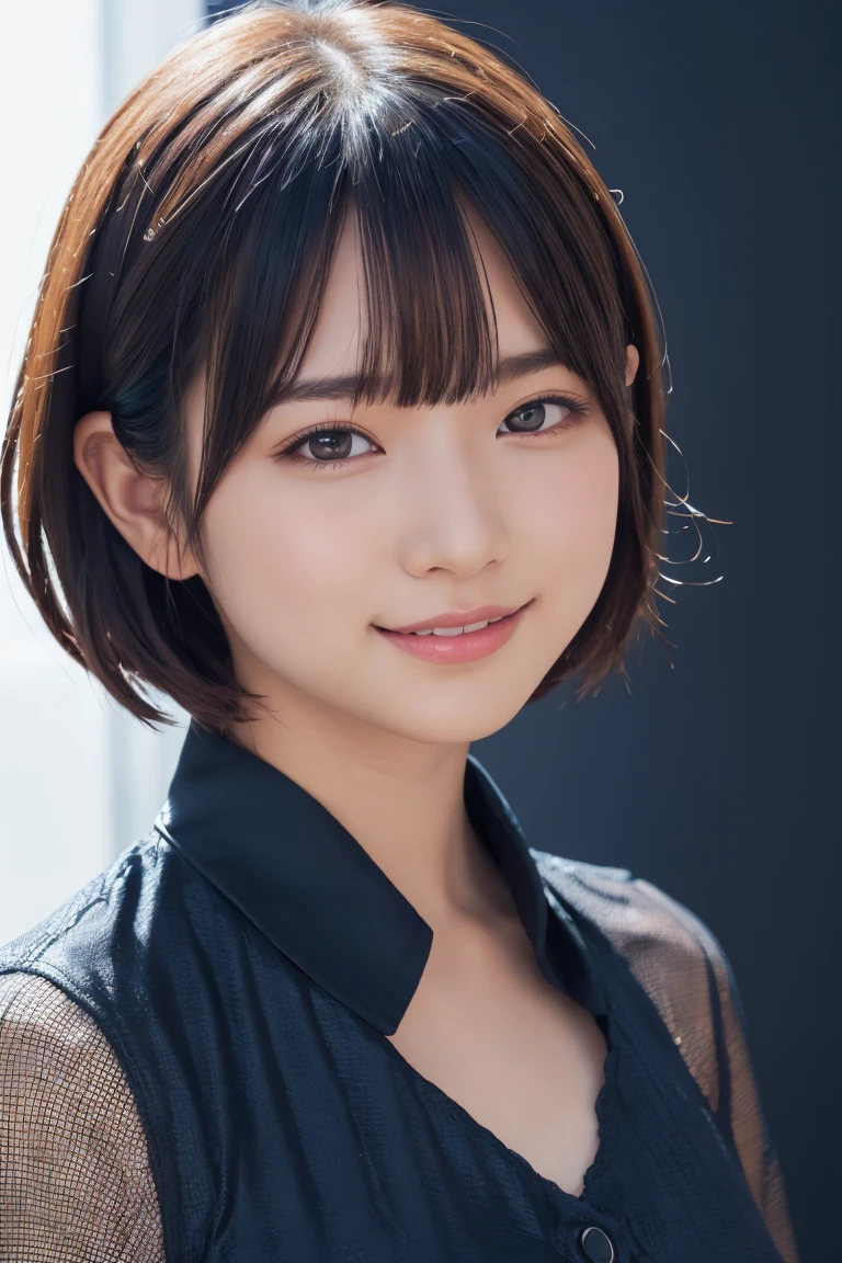 1 Girl, (Wearing colorful stage costumes:1.2), Very beautiful Japanese idol portraits, Face close-up, (RAW Photos, Highest quality), (Realistic, Realistic:1.4), (masterpiece), Very delicate and beautiful, Very detailed, 2k wallpaper, wonderful, finely, Very detailed CG Unity 8K wallpaper, Very detailed, High resolution, Soft Light, Beautiful detailed girl, Very detailed目と顔, Beautiful and sophisticated nose, Beautiful and beautiful eyes, Cinema Lighting, (Simple light color background:1.3), (short hair), (Bob), Complete Anatomy, Slender body, Small breasts, smile、In town