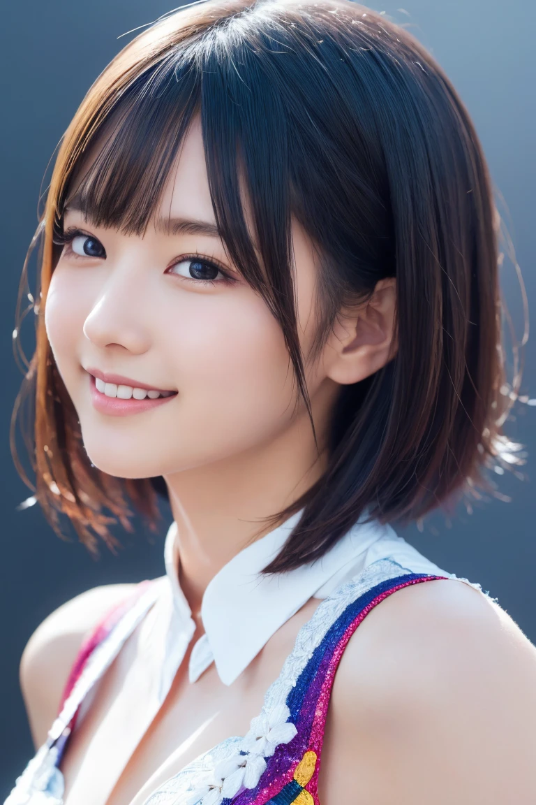 1 Girl, (Wearing colorful stage costumes:1.2), Very beautiful Japanese idol portraits, Face close-up, (RAW Photos, Highest quality), (Realistic, Realistic:1.4), (masterpiece), Very delicate and beautiful, Very detailed, 2k wallpaper, wonderful, finely, Very detailed CG Unity 8K wallpaper, Very detailed, High resolution, Soft Light, Beautiful detailed girl, Very detailed目と顔, Beautiful and sophisticated nose, Beautiful and beautiful eyes, Cinema Lighting, (Simple light color background:1.3), (short hair), (Bob), Complete Anatomy, Slender body, Small breasts, smile、In town