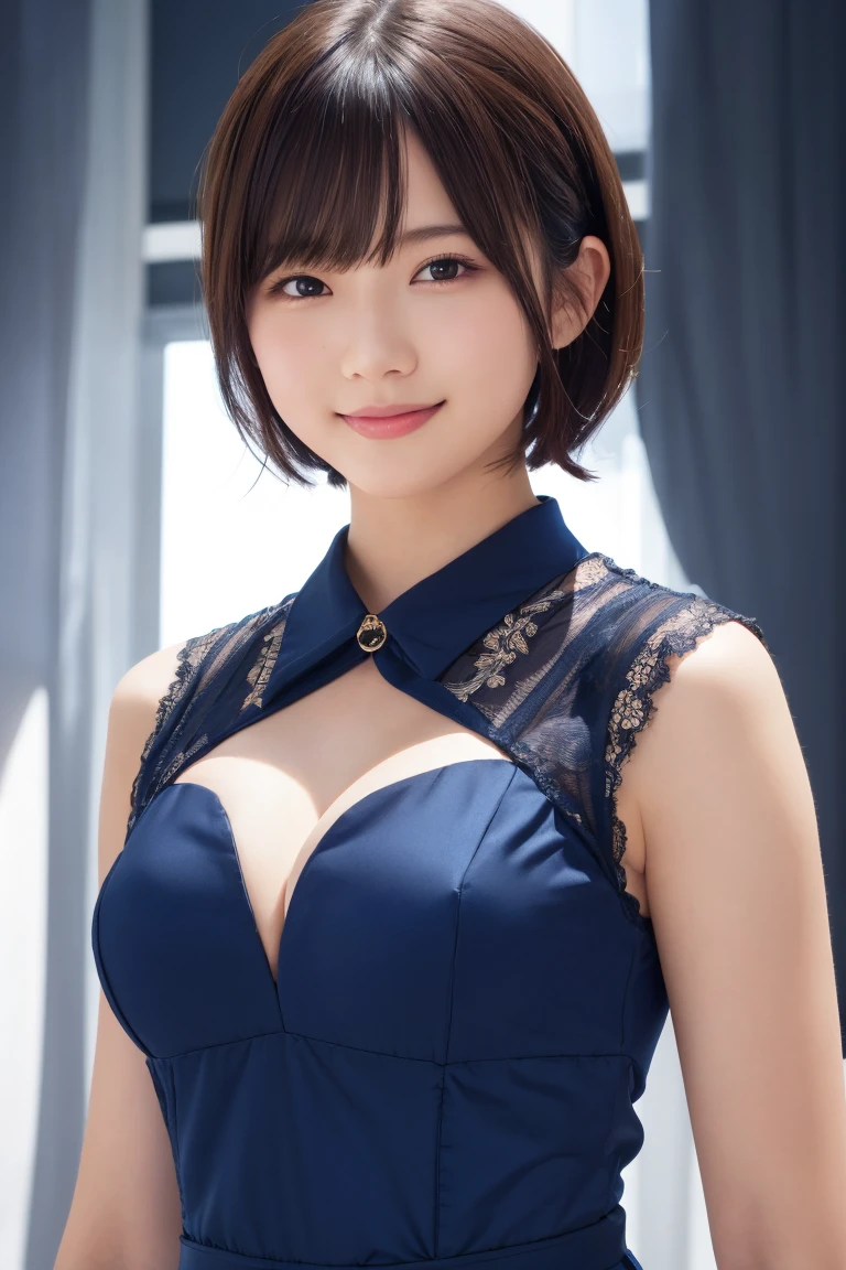1 Girl, (Wearing colorful stage costumes:1.2), Very beautiful Japanese idol portraits, Face close-up, (RAW Photos, Highest quality), (Realistic, Realistic:1.4), (masterpiece), Very delicate and beautiful, Very detailed, 2k wallpaper, wonderful, finely, Very detailed CG Unity 8K wallpaper, Very detailed, High resolution, Soft Light, Beautiful detailed girl, Very detailed目と顔, Beautiful and sophisticated nose, Beautiful and beautiful eyes, Cinema Lighting, (Simple light color background:1.3), (short hair), (Bob), Complete Anatomy, Slender body, Small breasts, smile、In town