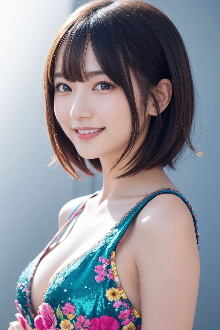 1 Girl, (Wearing colorful stage costumes:1.2), Very beautiful Japanese idol portraits, Face close-up, (RAW Photos, Highest quality), (Realistic, Realistic:1.4), (masterpiece), Very delicate and beautiful, Very detailed, 2k wallpaper, wonderful, finely, Very detailed CG Unity 8K wallpaper, Very detailed, High resolution, Soft Light, Beautiful detailed girl, Very detailed目と顔, Beautiful and sophisticated nose, Beautiful and beautiful eyes, Cinema Lighting, (Simple light color background:1.3), (short hair), (Bob), Complete Anatomy, Slender body, Small breasts, smile、In town