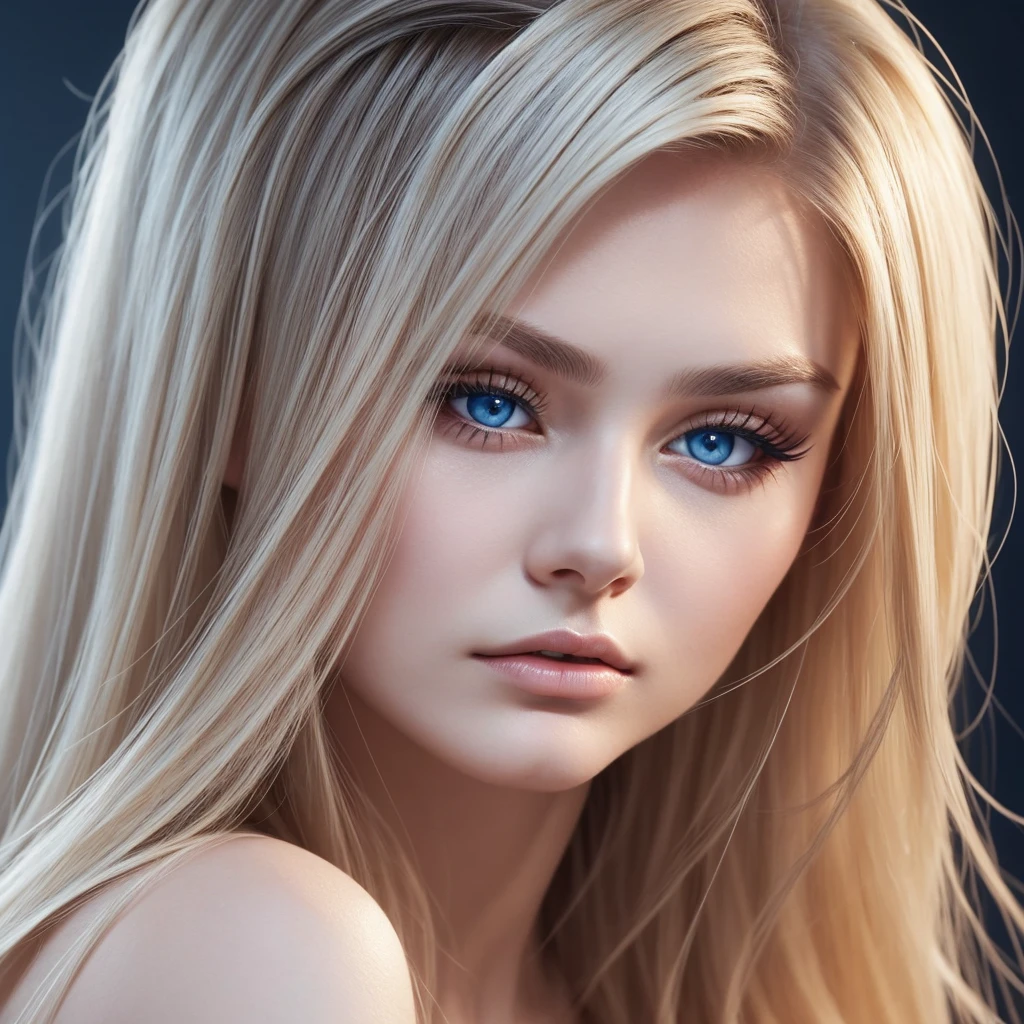 Young 22 years old russian woman, high cheekbones, mysterious gaze, heart faceshape, blue eyes, hunter eye shape, long eyelashes, full lips, small nose, blond straight hairs