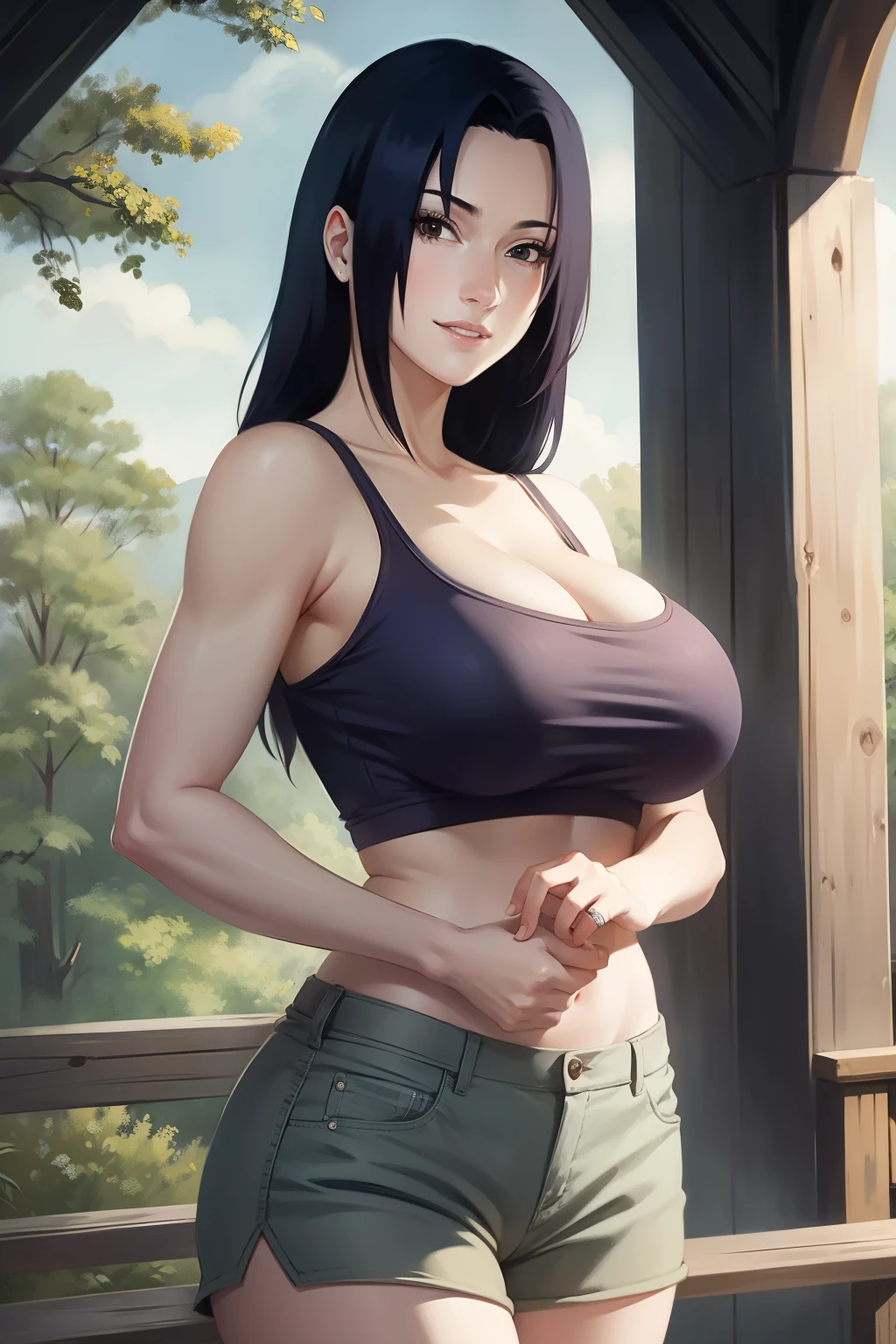 Mikoto Uchiha, oil painting, ultra-detailed, realistic, portrait, vivid colors, soft lighting, (best quality,4k,8k,highres,masterpiece:1.2), (big round breasts:1.5), professional, long black hair, black eyes, beautiful detailed eyes and face, extremely detailed smile, long eyelashes, looking at viewer, very short top, big ass, bare shoulders, white shorts, outdoors, forest, cowboy shot, clavicle.