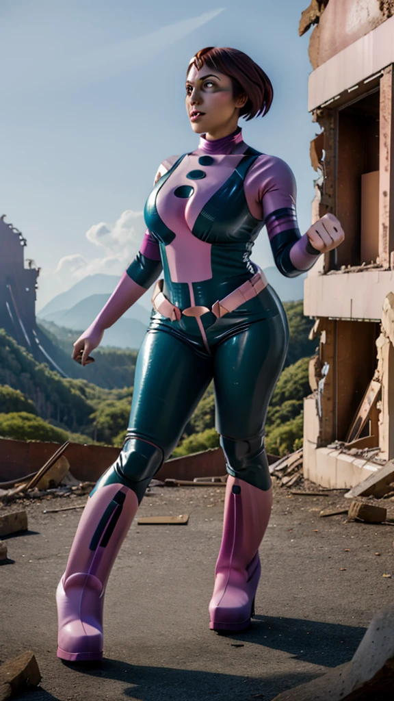 masterpiece, best quality, highres, hmochako, blush stickers, short hair, huge breasts, superhero, bodysuit, boots, ruins, building, fighting stance, clenched hands, wide hips, thick thighs ((curvy)), latex suit