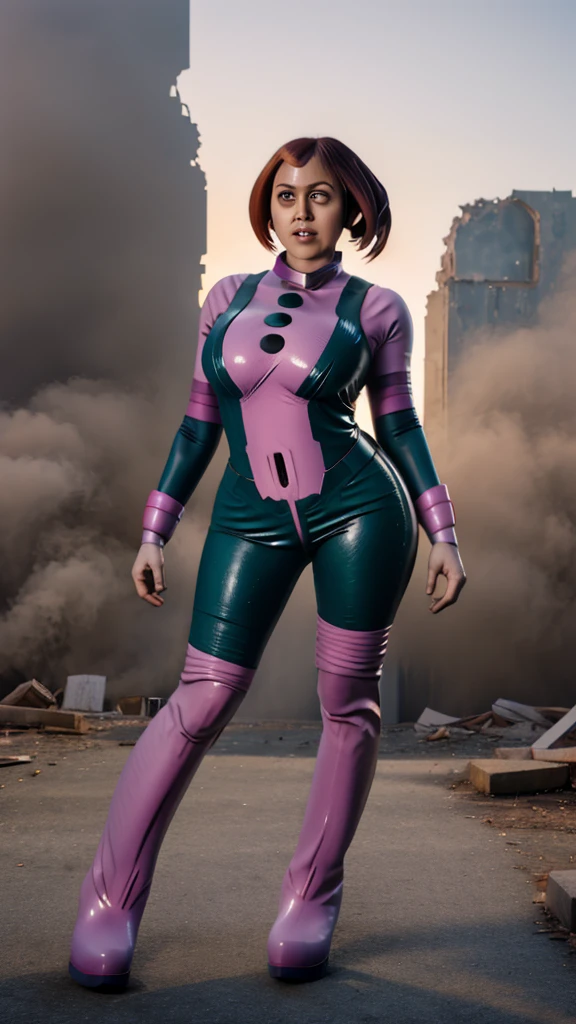 masterpiece, best quality, highres, hmochako, blush stickers, short hair, huge breasts, superhero, bodysuit, boots, ruins, building, fighting stance, clenched hands, wide hips, thick thighs ((curvy)), latex suit