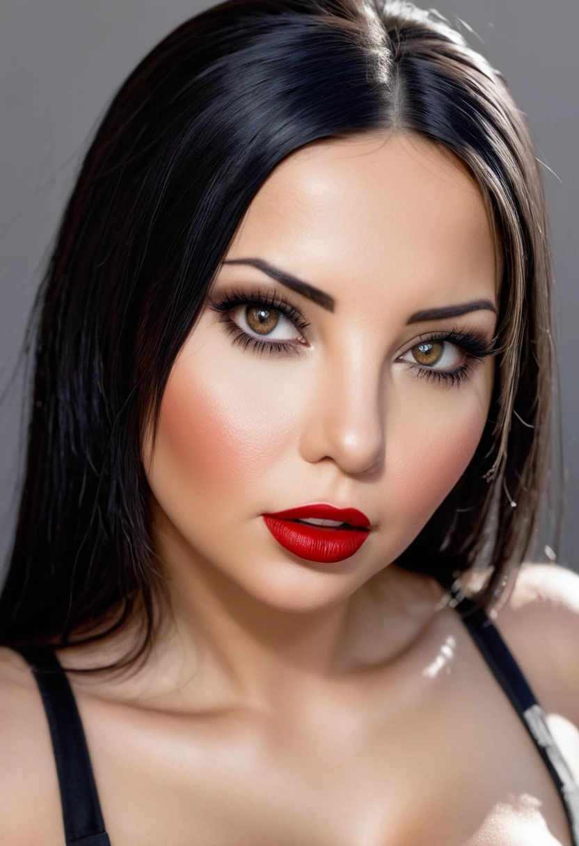 1girl, black eyes, black hair, breasts, brown eyes, cleavage, open mouth, eyelashes, forehead, grey eyes, lips, long hair, looking at viewer, makeup, nose, photorealistic, realistic, red lips, solo, upper body