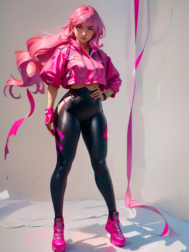 masterpiece, high quality, pink hair, grey eyes, 1girl, HQl4t3xp4nts, standing,full body,tight pants, leather pants, ((white background, solo)), top,