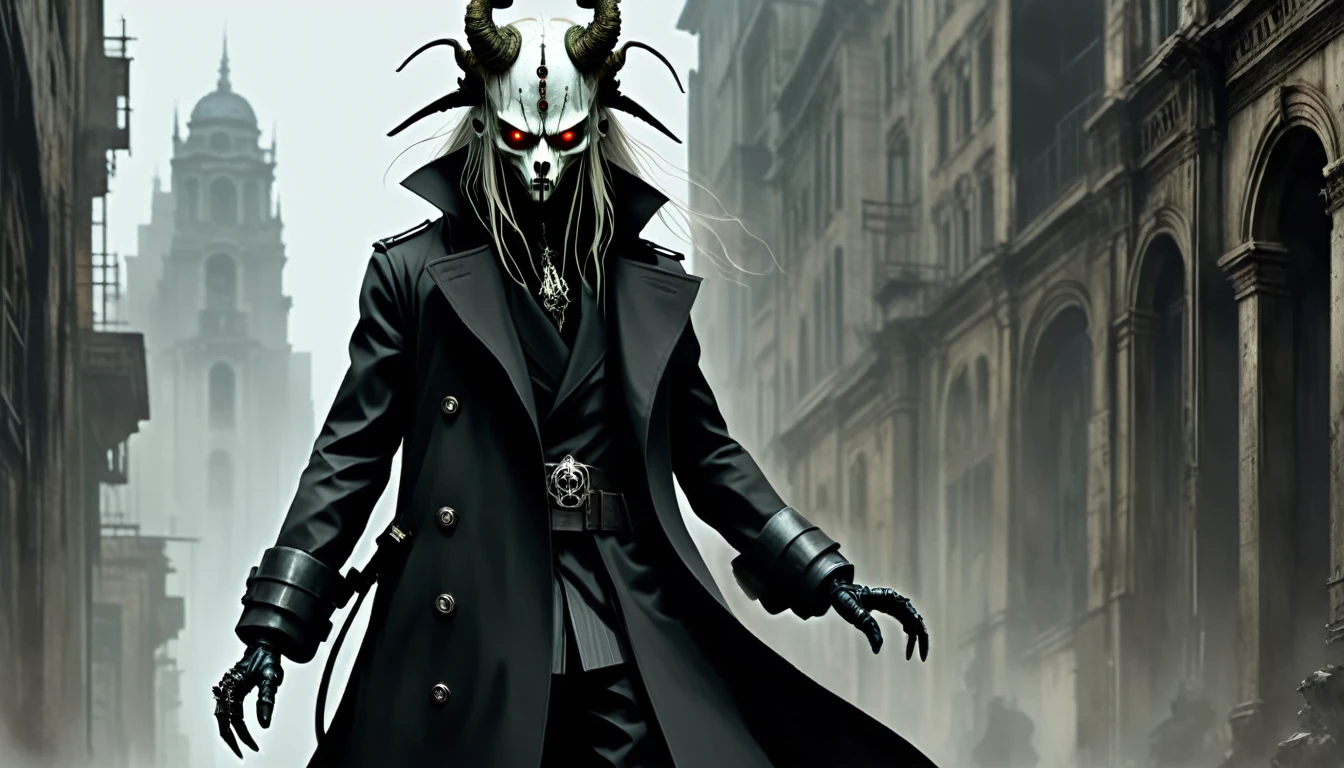 in style of Ashley Wood,in style of Santiago Caruso, ((masterpiece, best quality)),(illustration),(detailedLight),((Extremely exquisite and beautiful)),1 Girl,Black long trench coat,White shirt,Long hair,Silver long hair,Dark shadows,oni_mask, colorful，
