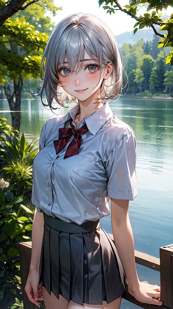 (masterpiece:1.2, top-quality), (realistic, photorealistic:1.4), beautiful illustration, (natural side lighting, movie lighting), nsfw,
looking at viewer, 1 girl, japanese, high school girl, ((girl with a sparrow on her hand)), perfect face, cute and symmetrical face, shiny skin,
(short hair:1.5, lob hair:1.2, silver hair), hair between eyes, grey eyes, long eye lasher, (medium breasts), slender, dark red hair ribbon,
beautiful hair, beautiful face, beautiful detailed eyes, beautiful clavicle, beautiful body, beautiful chest, beautiful thigh, beautiful legs, beautiful fingers,
((white collared shirts, grey box pleated mini skirt), dark red bow tie),
(beautiful scenery), evening, (forest, lake), walking, (lovely smile, open mouse slightly),