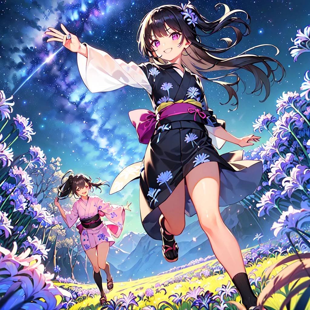 masterpiece, best quality, high quality, extremely detailed, very delicate and beautiful, (1 female 18 years old solo:1.5), (long black hair up to waist with two side up:1.5), bangs to eyebrows, eyes Eyes: 1.5), (long black hair up to waist with two side up), (bangs to eyebrows), (eyes: 1.3), (eye color magenta: 1.3), 6.5 head height, (yukata with agapanthus flower print: 1.3), knee socks, lace, frills, (smile), (running: 1.3), (smile), (dynamic pose), (agapanthus flower field in background: 1.3), ( Milky Way Night Sky: 1.3)
