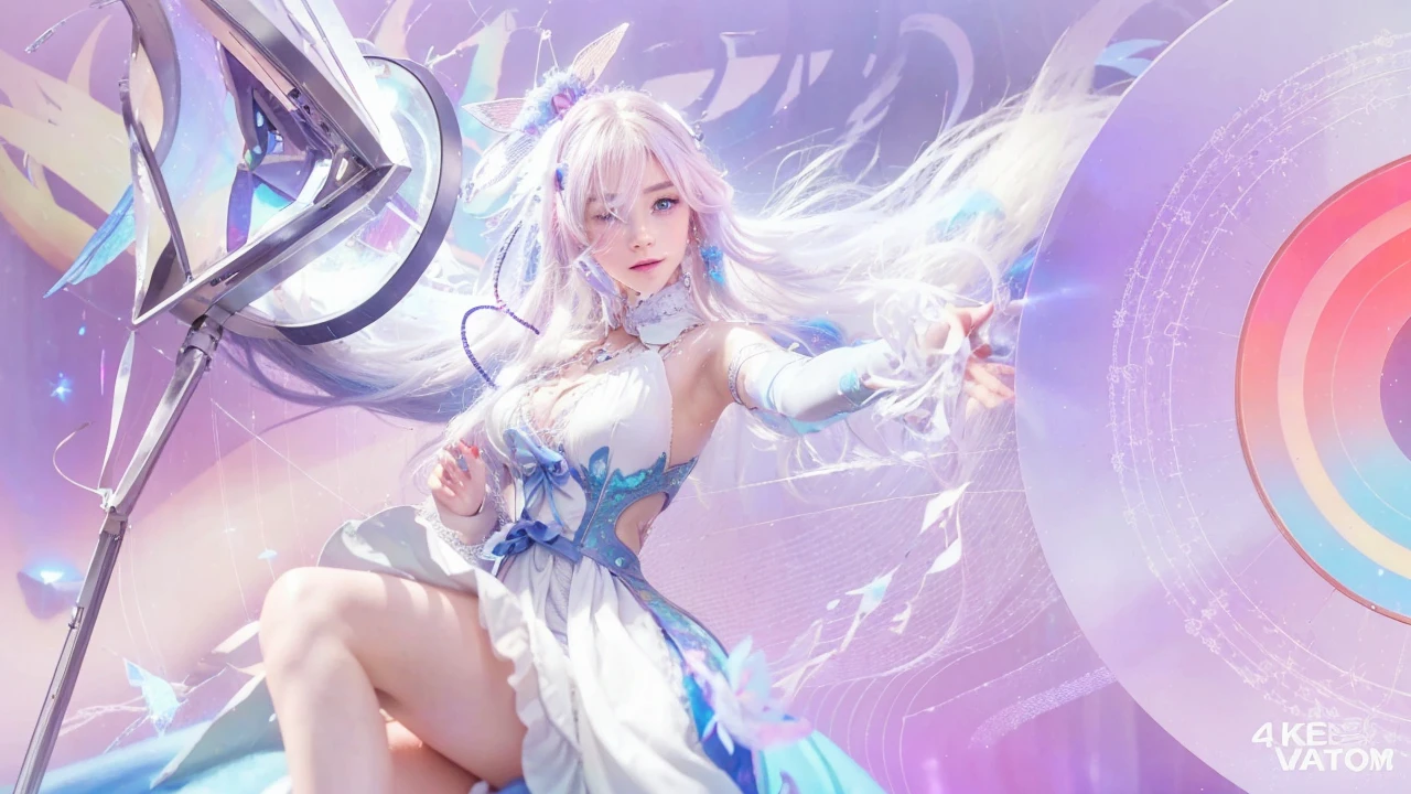 a girl with pastel pink hologram long hair,beautiful detailed eyes,beautiful detailed lips,extremely detailed face,longeyelashes,wearing a white dress,carrying a magic wand,(best quality,4k,8k,highres,masterpiece:1.2),ultra-detailed,(realistic,photorealistic,photo-realistic:1.37),cinematic lighting,intricate details,ethereal,radiant,glowing,dreamlike,fantasy,magical