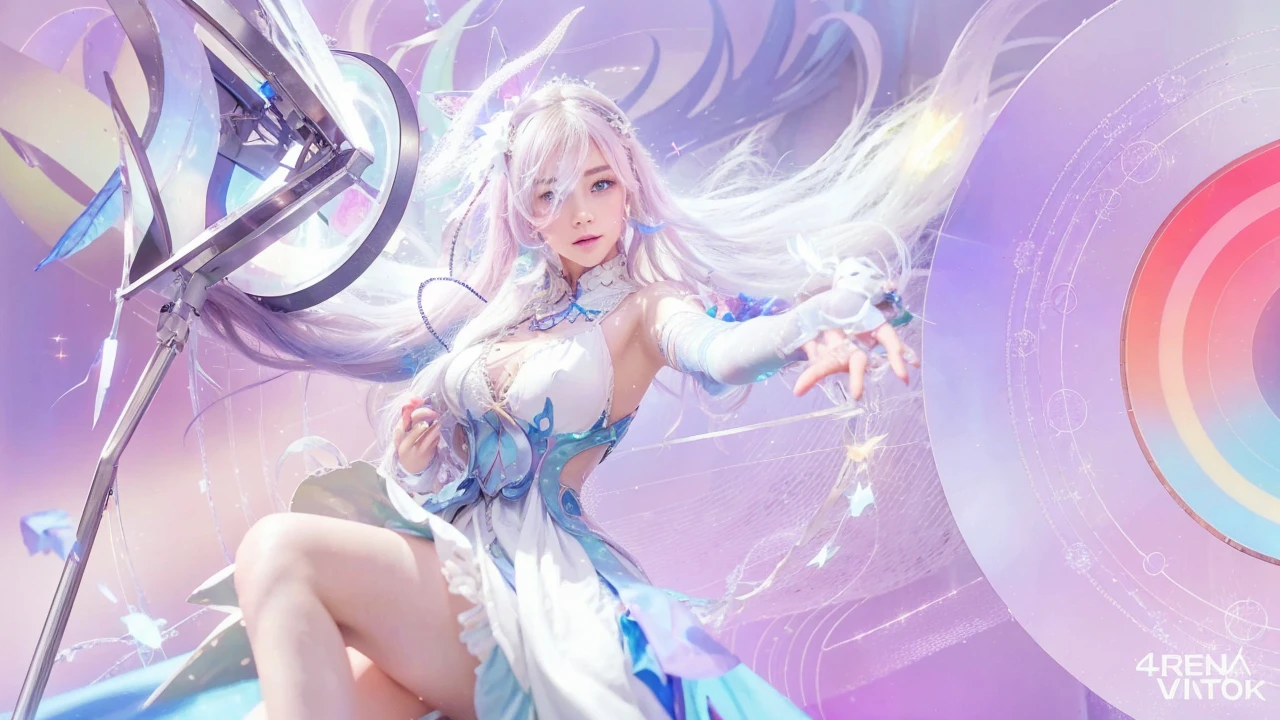 a girl with pastel pink hologram long hair,beautiful detailed eyes,beautiful detailed lips,extremely detailed face,longeyelashes,wearing a white dress,carrying a magic wand,(best quality,4k,8k,highres,masterpiece:1.2),ultra-detailed,(realistic,photorealistic,photo-realistic:1.37),cinematic lighting,intricate details,ethereal,radiant,glowing,dreamlike,fantasy,magical