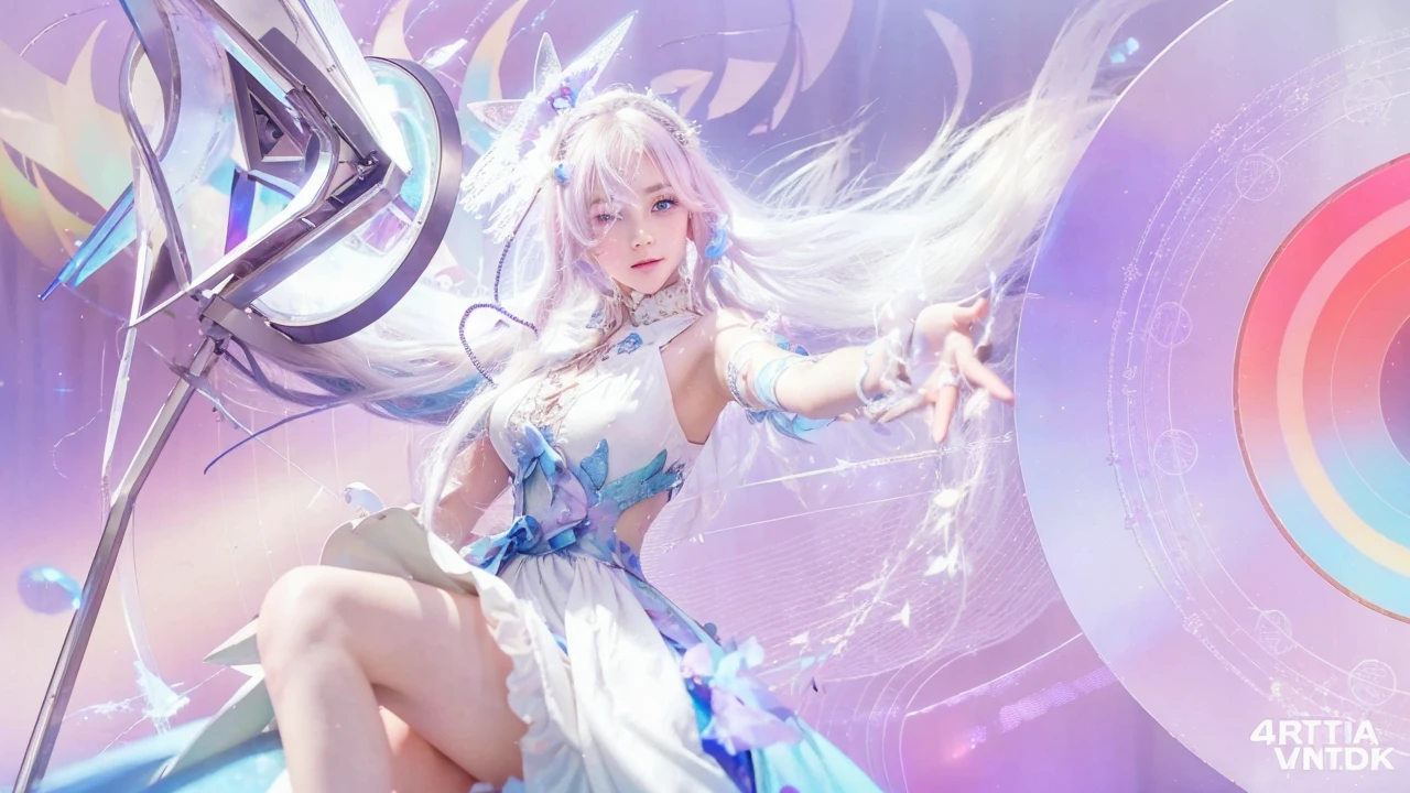 a girl with pastel pink hologram long hair,beautiful detailed eyes,beautiful detailed lips,extremely detailed face,longeyelashes,wearing a white dress,carrying a magic wand,(best quality,4k,8k,highres,masterpiece:1.2),ultra-detailed,(realistic,photorealistic,photo-realistic:1.37),cinematic lighting,intricate details,ethereal,radiant,glowing,dreamlike,fantasy,magical