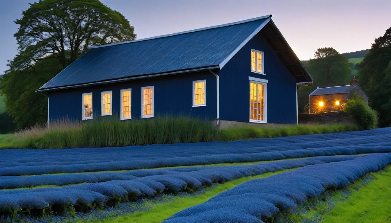 Night blue fields of shiny cottons with a slate roof farm