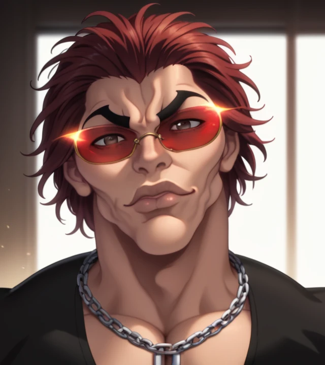 score_9, score_8_up, score_7_up, YujiroHanma, 1boy, male focus, solo, black shirt, chain necklaces, gold, sunglasses, red-tinted eyewear, muscular male, black pants, short sleeves, pupils, brown eyes, red hair, manly, veins, dynamic lighting, extremely detailed, from front, medium close-up shot, looking at viewer, upper body, lips, very veiny, glare, white background