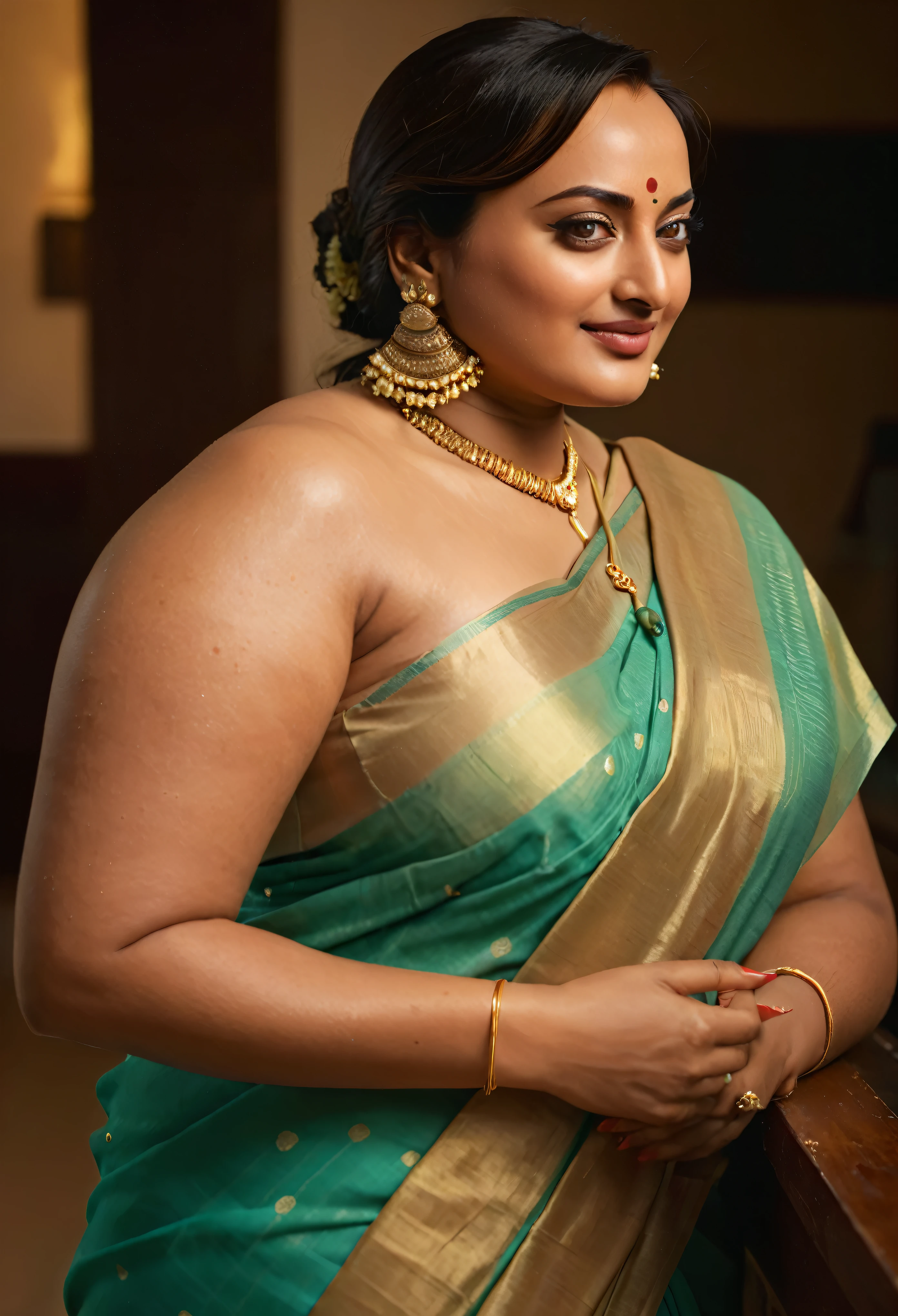 Foto RAW, photorealistic, photography, full body shot, 50 years old Woman, master shot, perfect eyes, goddess like beauty, pierced eyes, perfect thick chubby mallu Desi aunty bhabhi, Wearing a Stanapatta, a chest-band.Saree model, model Photography, Indian saree shoot, Indian traditional wear advertising photography, traditional wear brand shoot, face of Indian actress Sonakshi Sinha, masterpiece, realistic, realism, incredible details, pleasure, photorealism, detailed skin, skin pores, high contrast, photorealistic Artstation 8k HD digital art trend of high definition and detailed realistic skin texture, ultra detail, realistic skin texture, armature, best quality, ultra high definition, (photorealistic:1.4),, high resolution, detail, raw photo, sweat, Re sharp, by Lee Jefferies Nikon D850 Film Stock Photo 4 Kodak Portra 400 Camera F1.6 Lens Rich Color Ultra Real Realistic Realistic Textures Dramatic Lighting Unreal Engine Trending at Art Station Cinestill 800,(pele altamente detalhada: 1.2), 8k UHD, DSLR, soft-lighting, alta qualidade, grain of film, Fujifilm XT3,she didn't like to wear blouse or bra, she is happy to wear only saree, she hates blouse or bra, detailed hairy armpits, hyper realistic skin, skin pores, sweat, veins, short hairs on armpit, stubble armpits, hyper realistic hairy armpits,
