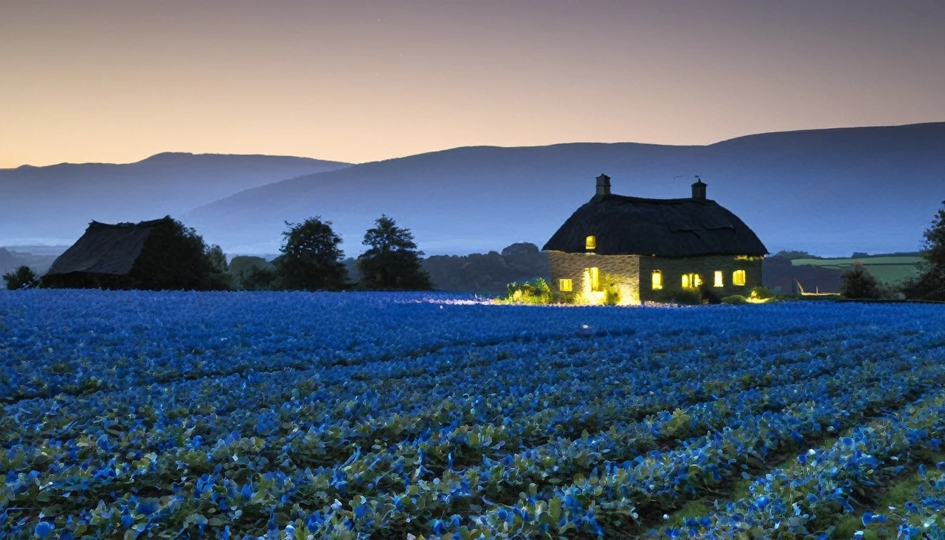 Night blue fields of shiny cottons with a slate roof farm