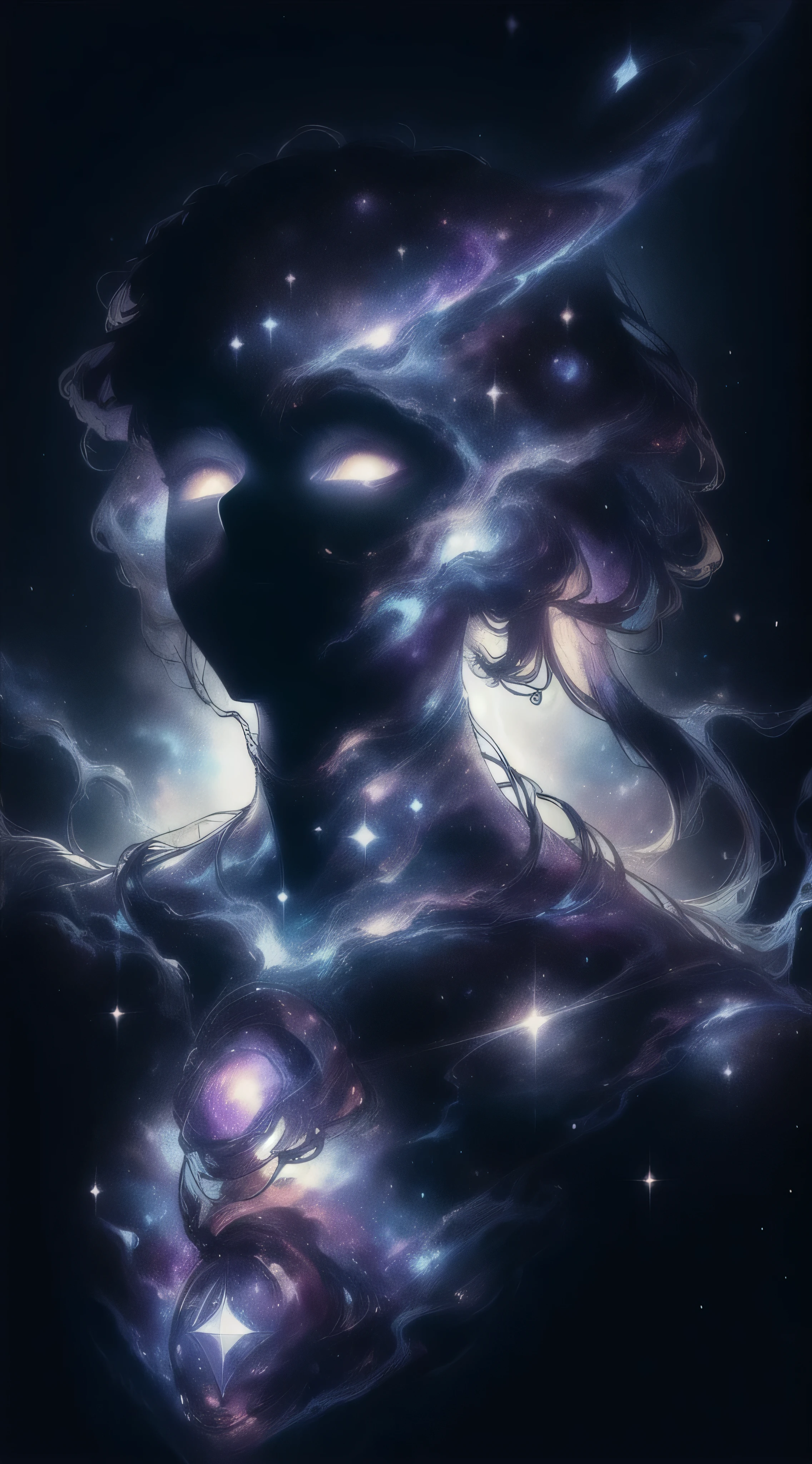 detailed galactic cyborg face, glowing galaxy nebula, dramatic lighting, hyperrealistic, photorealistic, intricate details, cinematic, chiaroscuro, dramatic pose, looking up at the sky, space, ultra detailed, space background