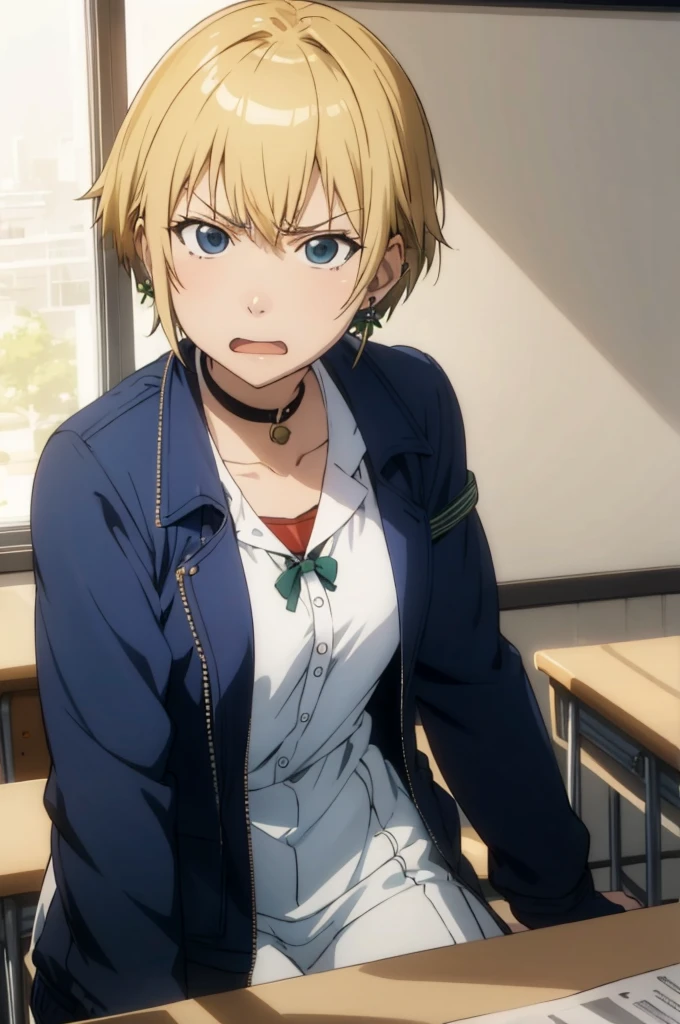 masterpiece, extremely detailed,anime, perfect lighting,1girl, solo, konsenpai,, blue jacket,classroom,sitting,choker, green bow,looking at viewer, angry,frown,annoyed,upset, open mouth,wide-eyed,fist pump,earrings,upper body,