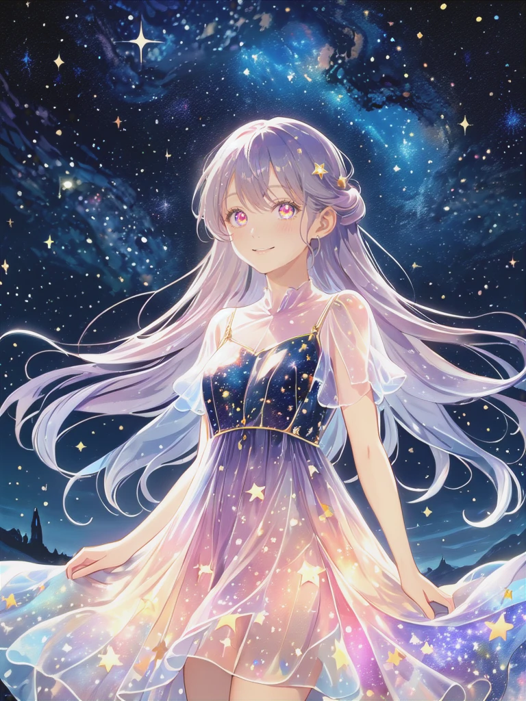 (Masterpiece,best quality,absurdres,4k,8k,highres:1.3), girl wearing an ethereal translucent dress made of starry_sky_print, magical, fantasy, whimsical, complex drawing, highly detailed, ethereal, starry night, vibrant 