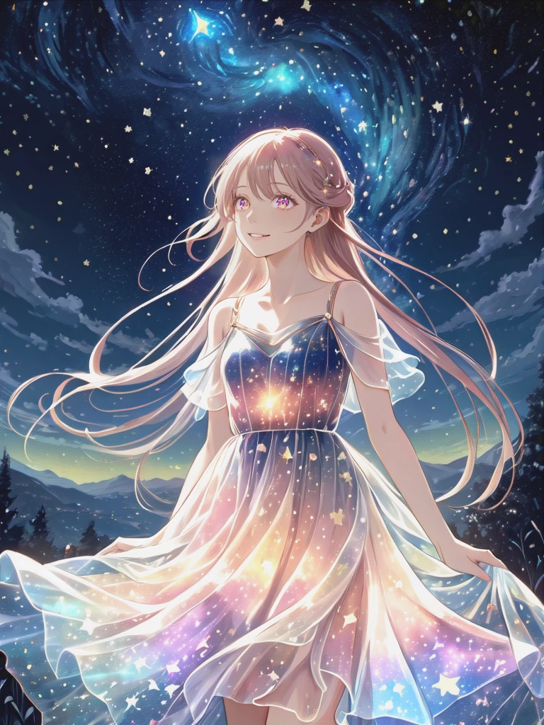 (Masterpiece,best quality,absurdres,4k,8k,highres:1.3), girl wearing an ethereal translucent dress made of starry_sky_print, magical, fantasy, whimsical, complex drawing, highly detailed, ethereal, starry night, vibrant