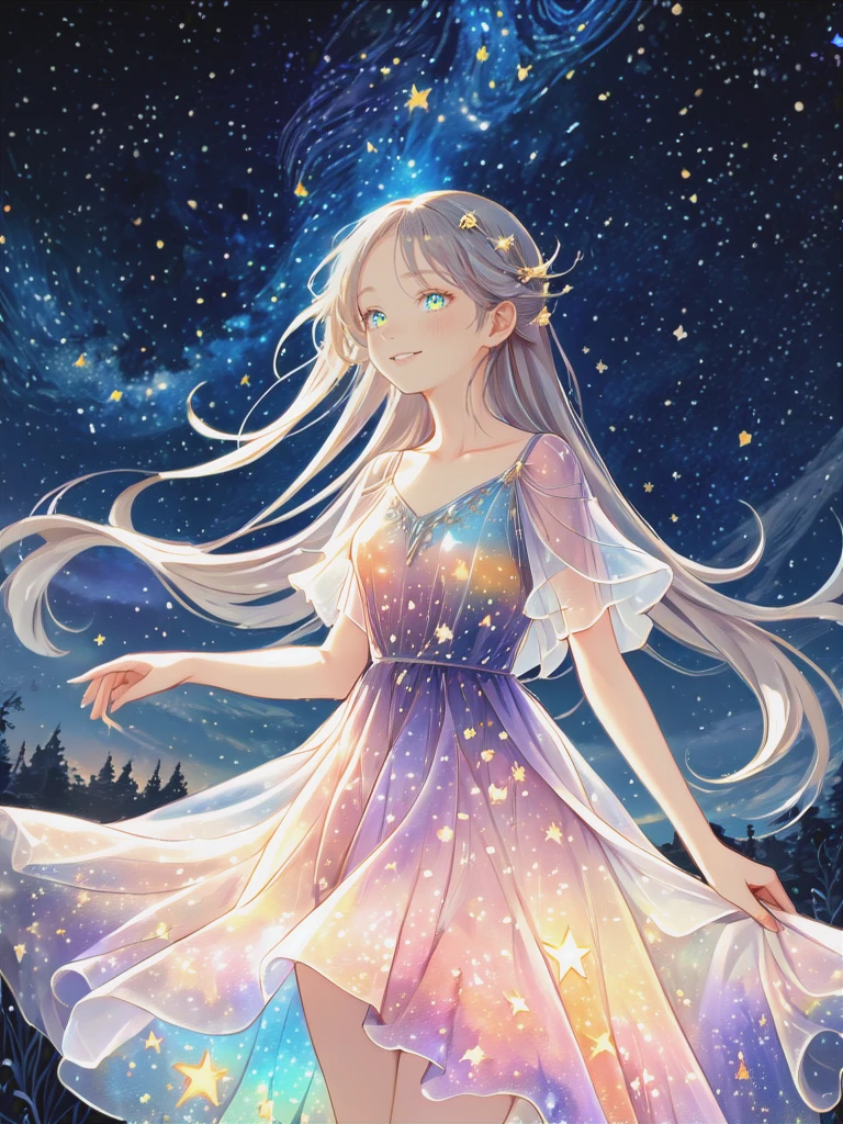 (Masterpiece,best quality,absurdres,4k,8k,highres:1.3), girl wearing an ethereal translucent dress made of starry_sky_print, magical, fantasy, whimsical, complex drawing, highly detailed, ethereal, starry night, vibrant