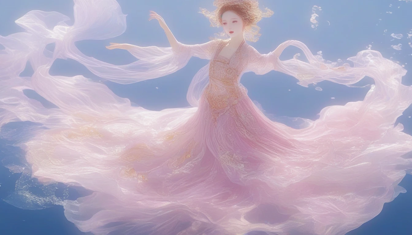 1. Little Girl, Solitary, Under the Deep Sea,walking underwater, Beautiful Inner Glow;Wearing pink Chinese clothing,Fairy the same,underwater dance;dancer;Golden water,Bright shining underwater,金色的bubble; Deep Shadows, Extraordinary details, bubble, spark, Sun streaks, whole body, swirl, Golden Light, Embed:Average runoff, masterpiece, high quality, 4K