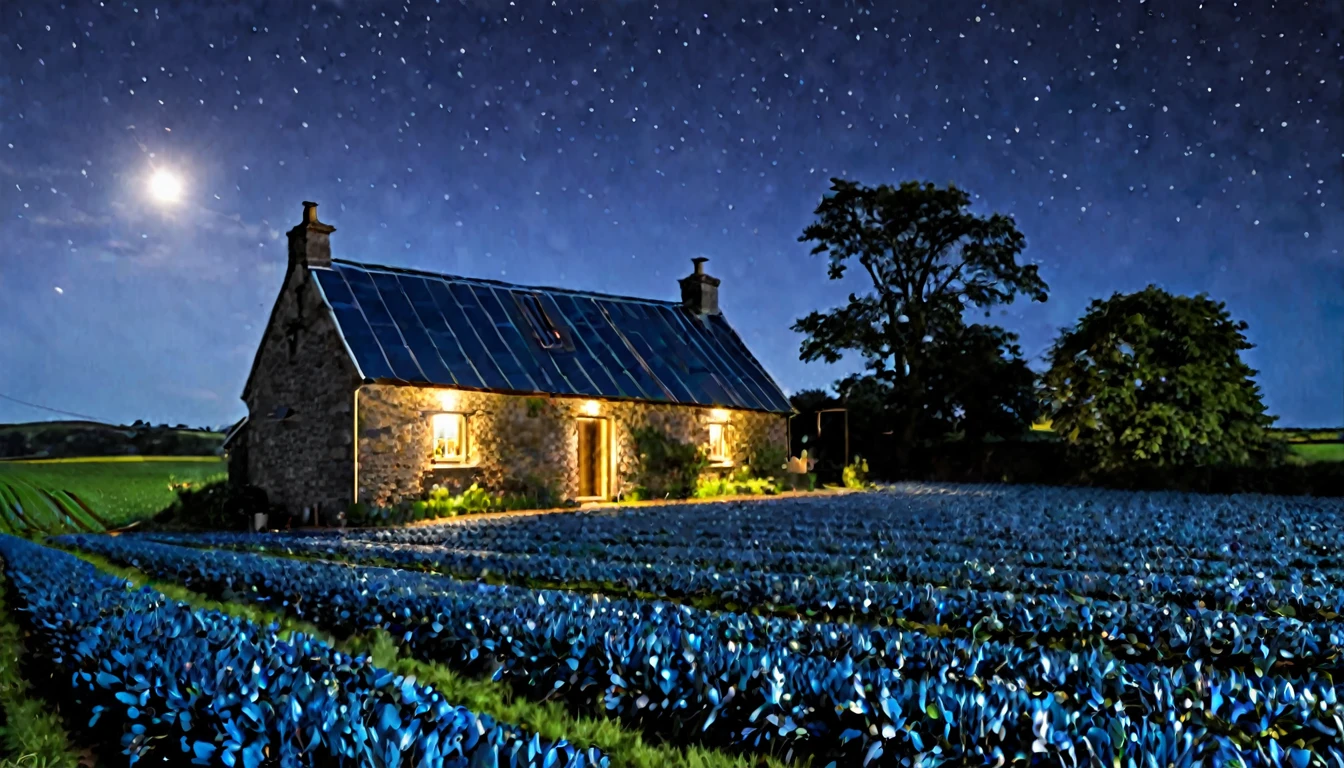Night blue fields of shiny cottons with a slate roof farm