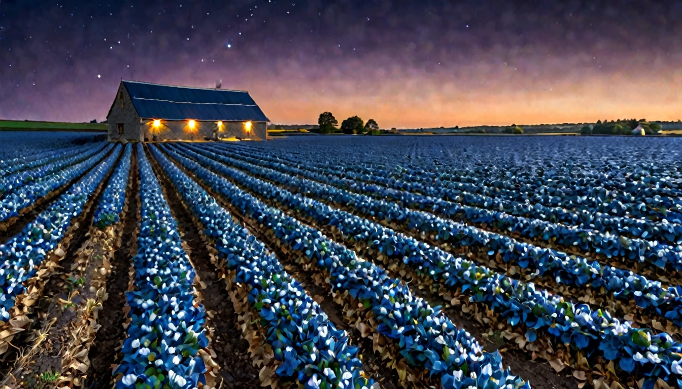 Night blue fields of shiny cottons with a slate roof farm