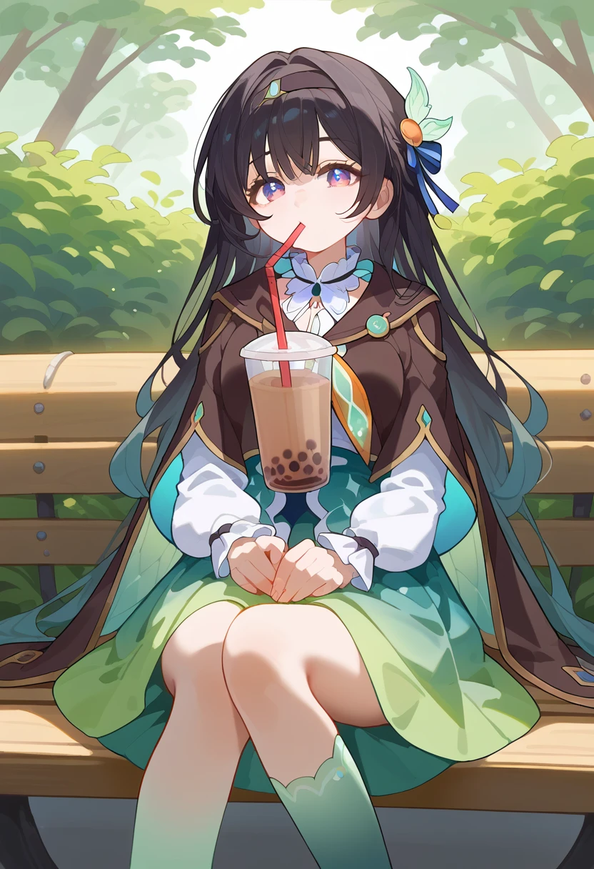 score_9, score_8_superior, sauce_anime, fire Fly, blue psuperiorils, Long Hair, Black hair band, hair ornaments, brown capelet, Ruffled collar, White shirt, White long sleeve, Green Skirt, Gradient knee socks, Outdoor, Sitting, On the bench, drinking, Drink, straw, Bubble tea, 