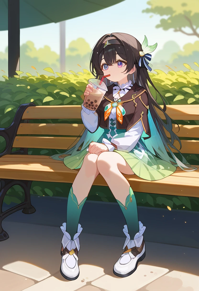 score_9, score_8_superior, sauce_anime, fire Fly, blue psuperiorils, Long Hair, Black hair band, hair ornaments, brown capelet, Ruffled collar, White shirt, White long sleeve, Green Skirt, Gradient knee socks, Outdoor, Sitting, On the bench, drinking, Drink, straw, Bubble tea, 