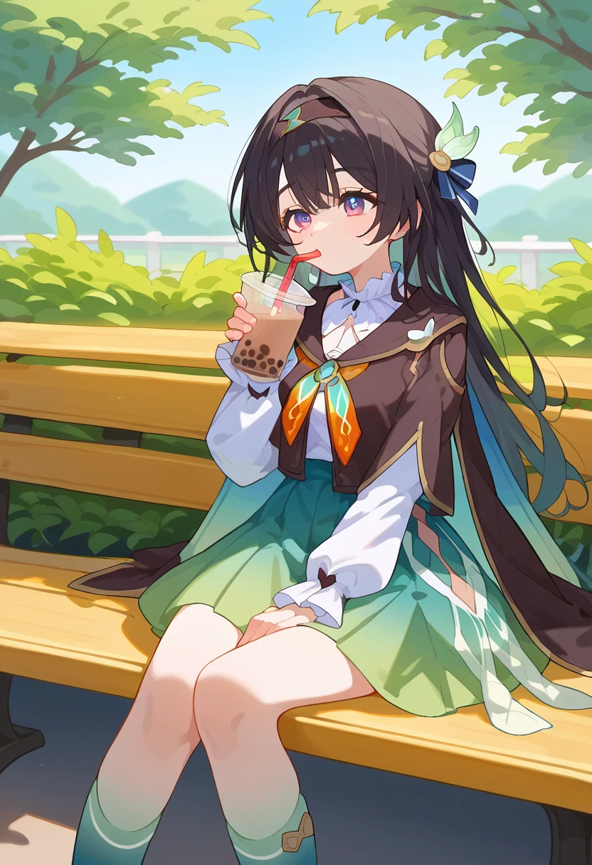 score_9, score_8_superior, sauce_anime, fire Fly, blue psuperiorils, Long Hair, Black hair band, hair ornaments, brown capelet, Ruffled collar, White shirt, White long sleeve, Green Skirt, Gradient knee socks, Outdoor, Sitting, On the bench, drinking, Drink, straw, Bubble tea, 