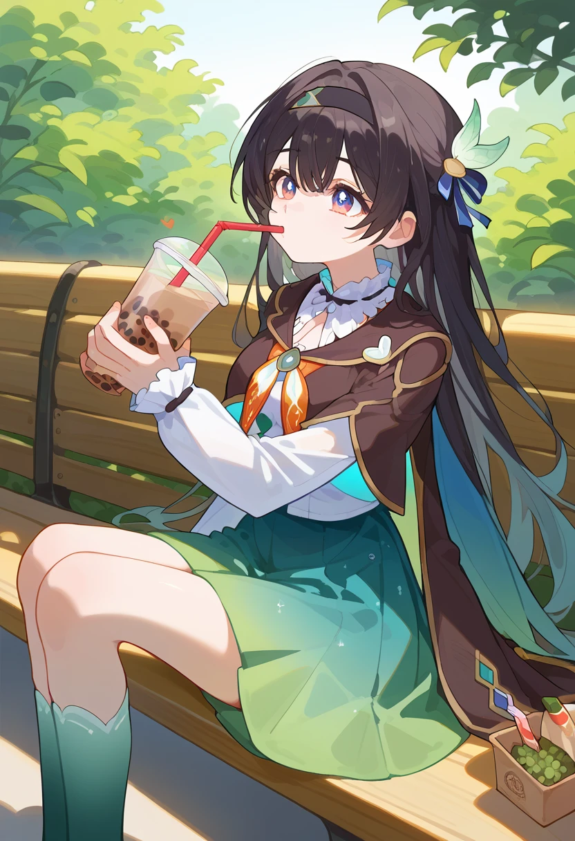 score_9, score_8_superior, sauce_anime, fire Fly, blue psuperiorils, Long Hair, Black hair band, hair ornaments, brown capelet, Ruffled collar, White shirt, White long sleeve, Green Skirt, Gradient knee socks, Outdoor, Sitting, On the bench, drinking, Drink, straw, Bubble tea, 