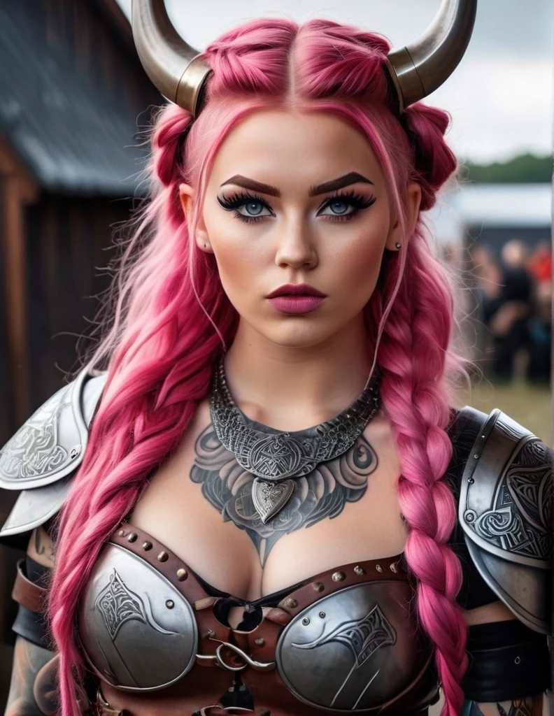 very attractive 25 year old girl with long wavy bright pink hair, Hyper realistic photo Realism CG 8K Scandinavian tattooed viking girl, hyper realistic detailed Perfect face, thin curved eyebrows, black eyeliner,long luscious eyelashes, black eye shadow, curved lips, matte lipstick, long messy viking braids, real viking armor, large voluptuous breast, perfect ass, full body view,