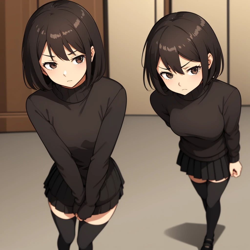 quality, Masterpiece, anime illustration of a girl, (1 girl), She has brown hair and very short black eyes and a tired look. Her hair is messy and she wears a black sweater and a very short skirt. She wears black tights and a mask.