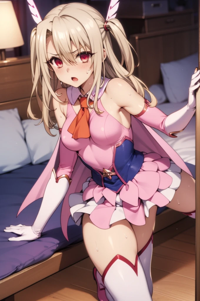 1girl,solo,,my room,,looking viewer,medium breasts
aaillya,long_hair,blonde_hair,red_eyes,hair_between_eyes,bangs,white_hair,illyamagical,feather_hair_ornament,feather,magical_girl,hair_ornament,gloves,two_side_up,white_gloves,elbow_gloves,detached_sleeves,ascot,thigh_boots,thighhighs,pink_footwear,boots,bare_shoulders,cape,(sweating)