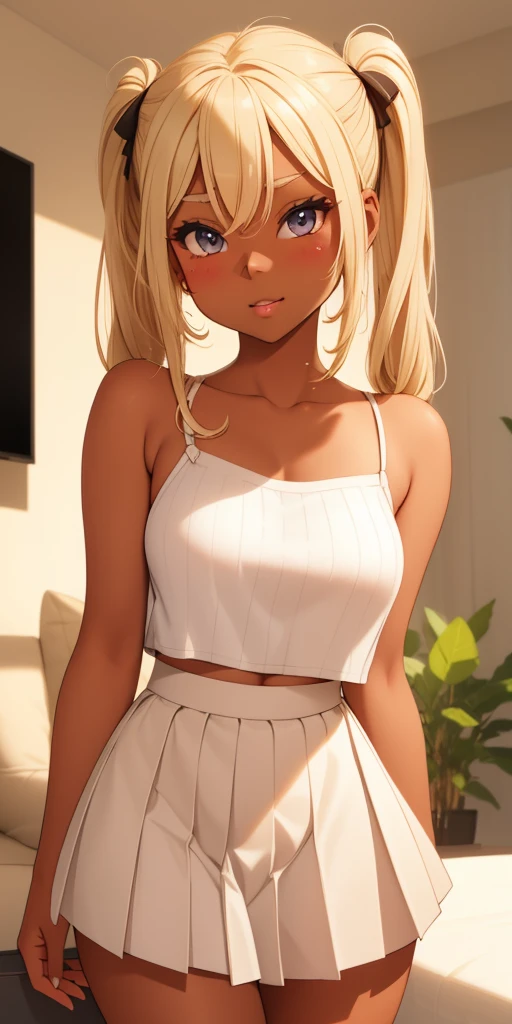 *Runa has ((((dark skin))), straight blonde hair with pigtails, Runa arrives in the living room*.Runa is a special cutie with a pleated skirt and a thin strap cropped blouse...she usually shows passion. ..kind of like Runa has something special about Runs Runa. *Runa blushes when talking and Runa giggles cutely*. colors, studio lighting, romantic expression, seductive