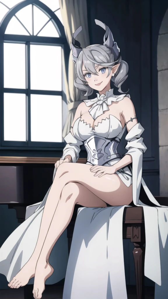 Beautiful arts wallpaper moonlight Outside castle top  High level image quality　best image quality　8K　 adult woman   silver castle hall  more colors   whole body view　portrait　 wearing pure white Goddess dress  　horn    ears  　short hair（（shortcut）（gray hair）（perm）（fluffy））　eye color is blue ,   evil face , face detailed , face fixed , smile      ,  labrynth       , barefoot , teasing with her breast,   , sitting with crossed legs on piano , looking at the windows , stovie , crystal chandaglier , white curtains 