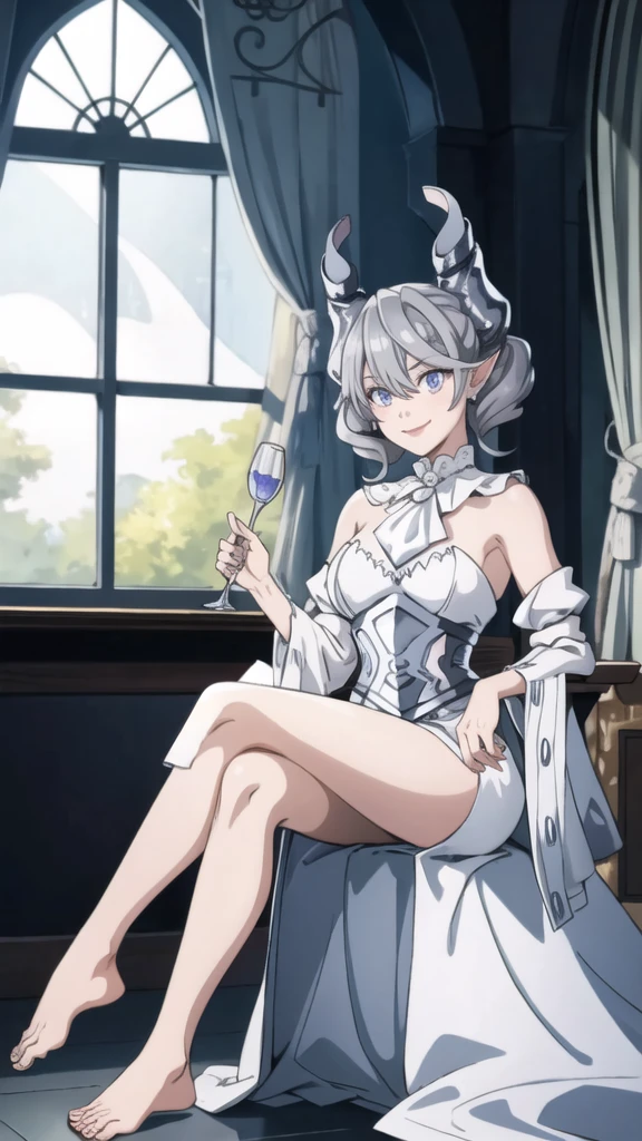 Beautiful arts wallpaper moonlight Outside castle top High level image quality best image quality 8K adult woman silver castle hall more colors whole body view portrait wearing pure white Goddess dress horn ears short hair((shortcut)(gray hair)(perm)(fluffy)) eye color is blue , evil face , face detailed , face fixed , smile , labrynth , barefoot , teasing with her breast, , sitting with crossed legs on piano , looking at the windows , stovie , crystal chandaglier , white curtains