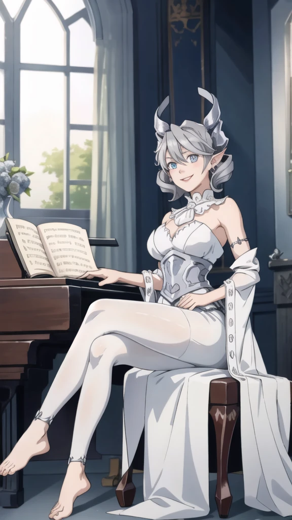 Beautiful arts wallpaper moonlight Outside castle top High level image quality best image quality 8K adult woman silver castle hall more colors whole body view portrait wearing pure white Goddess dress horn ears short hair((shortcut)(gray hair)(perm)(fluffy)) eye color is blue , evil face , face detailed , face fixed , smile , labrynth , barefoot , teasing with her breast, , sitting with crossed legs on piano , looking at the windows , stovie , crystal chandaglier , white curtains