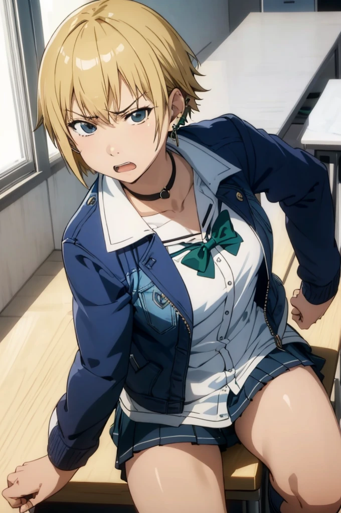 masterpiece, extremely detailed,anime, perfect lighting,1girl, solo, konsenpai,, blue jacket,classroom,sitting,choker, green bow,looking at viewer, angry,frown,annoyed,upset, open mouth,wide-eyed,fist pump,earrings,miniskirt,open legs,panties
